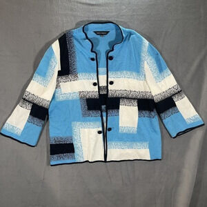 Ming Wang Blazer Jacket Size PXL Blue Black Trim Petites Neck Career Bell Sleeve